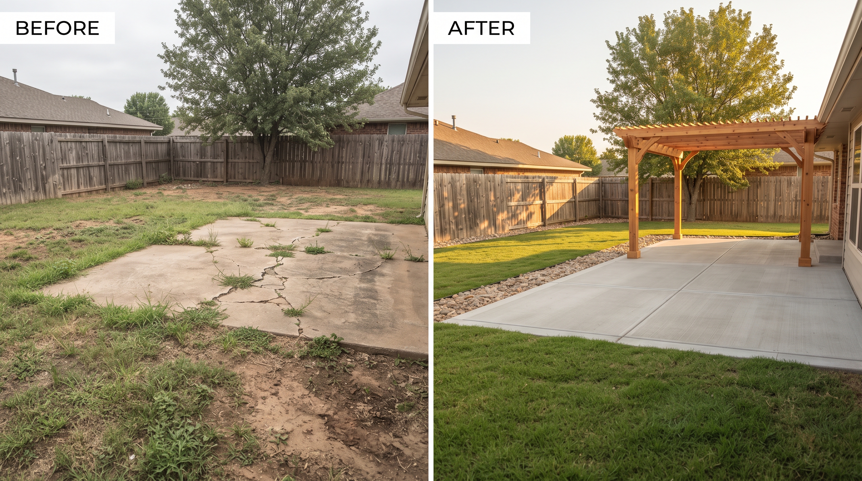 Backyard transformation — cracked slab and bare yard to new concrete patio with pergola