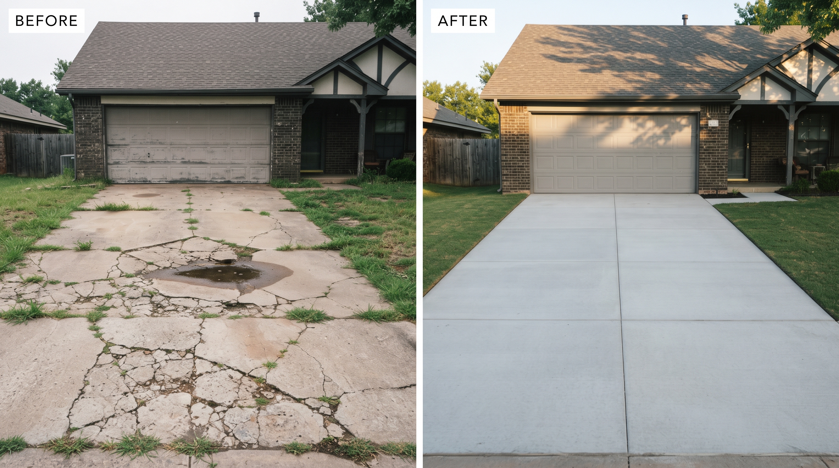 Cracked and heaved concrete driveway replaced with a new broom-finish driveway