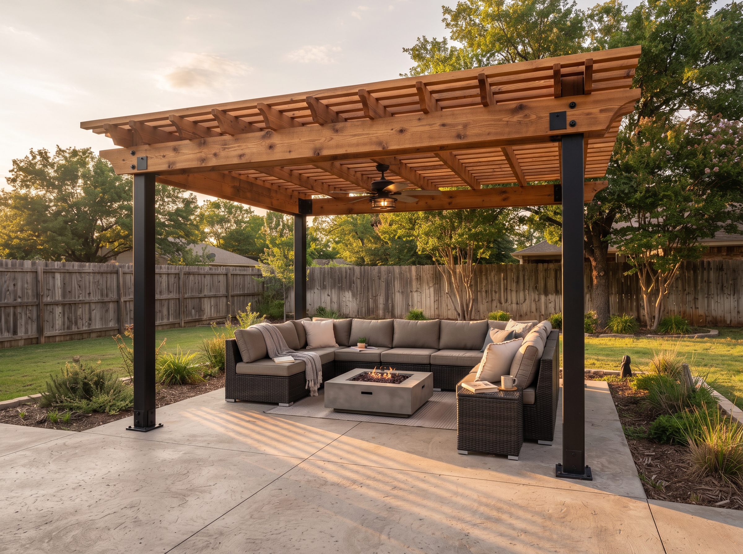 Cedar pergola with black steel brackets over a concrete patio in Tulsa