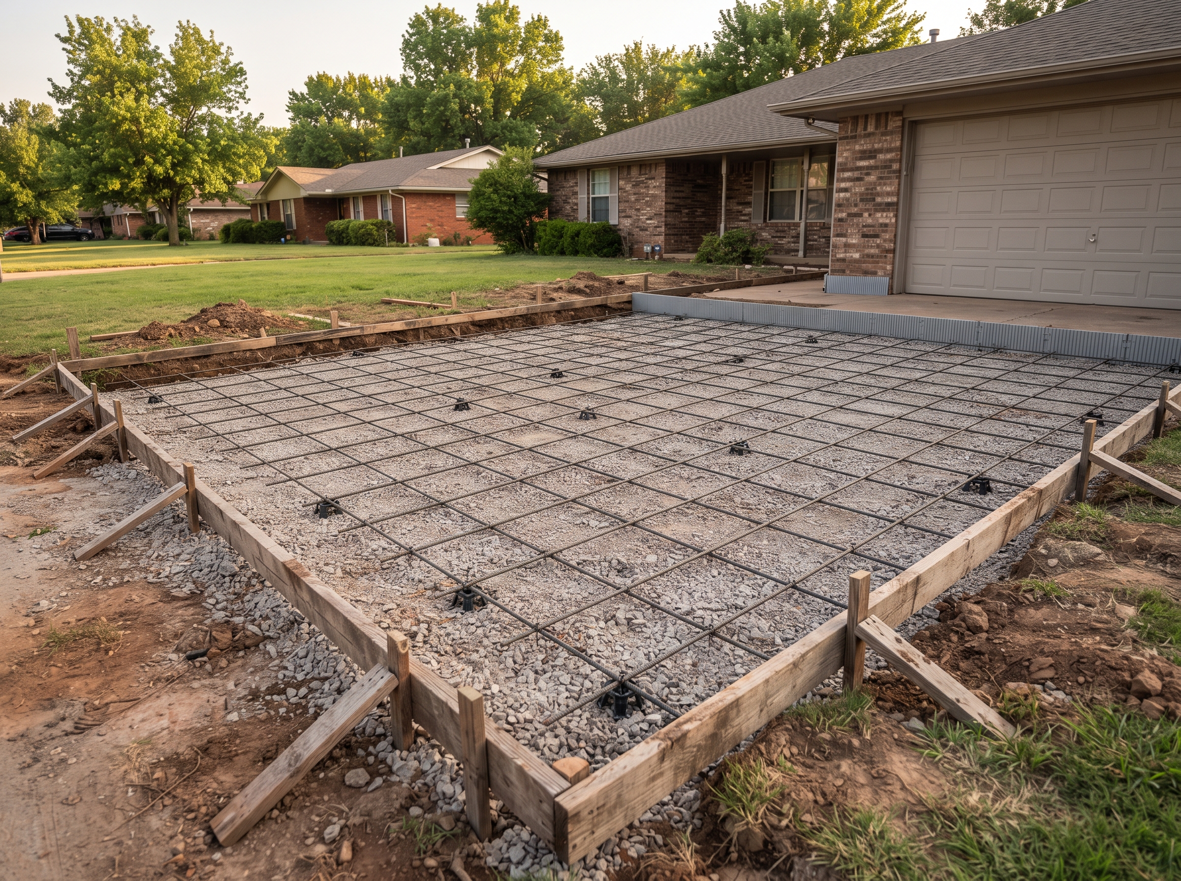 Driveway tear-out with compacted gravel base and tied rebar grid ready for a new pour