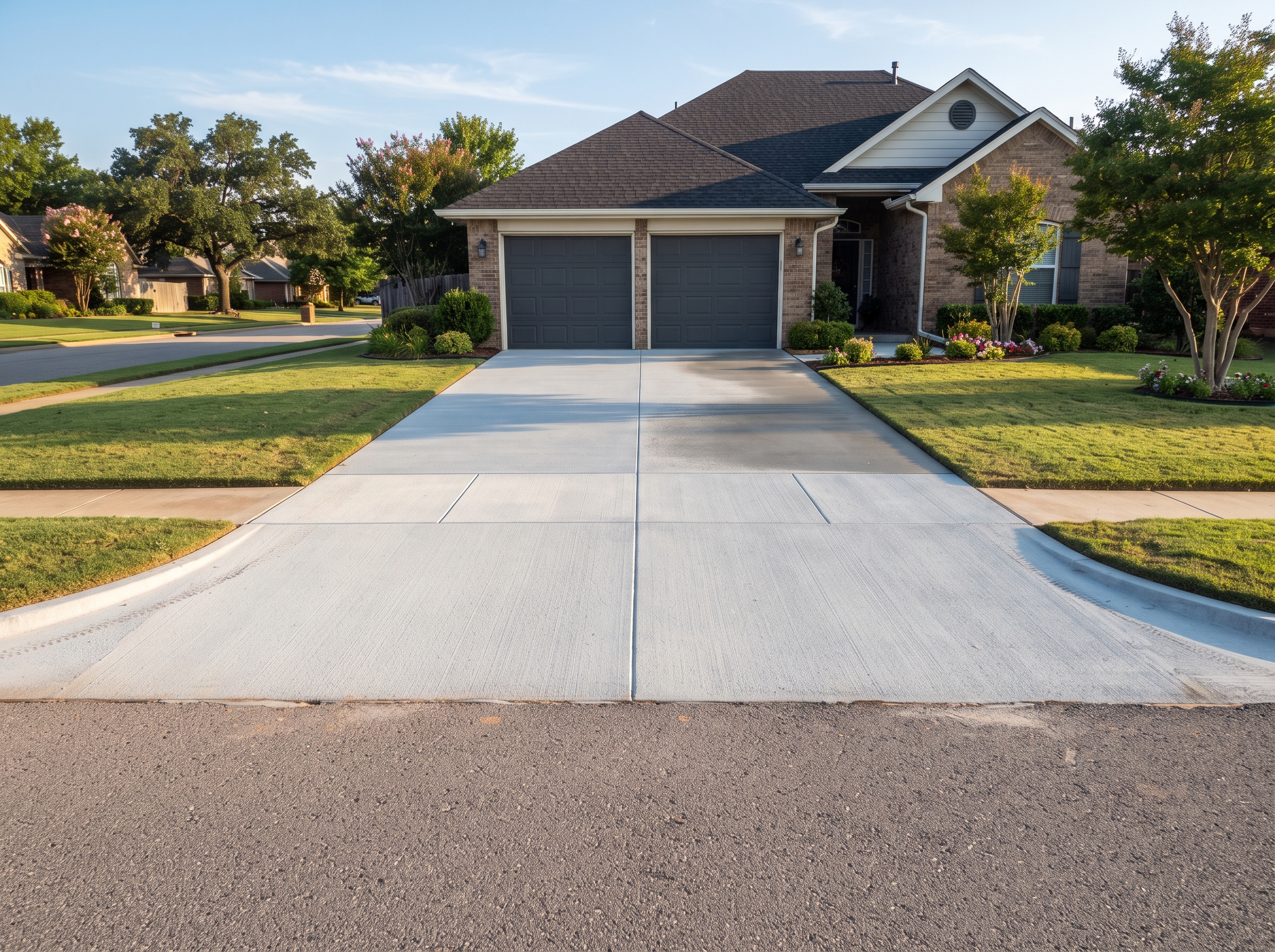 New broom-finish concrete driveway at a Tulsa home
