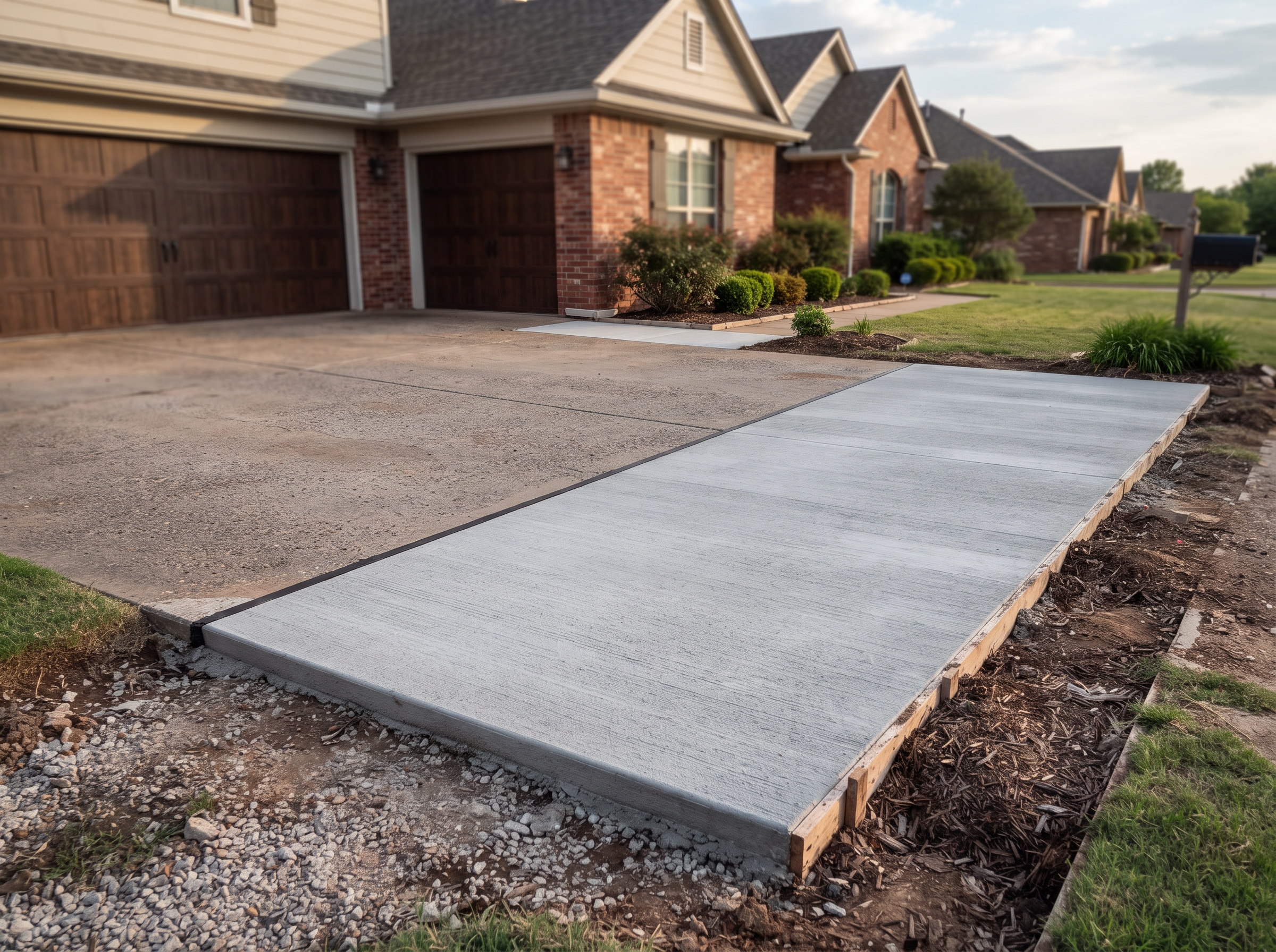 New concrete driveway extension poured beside an existing driveway at a Tulsa home