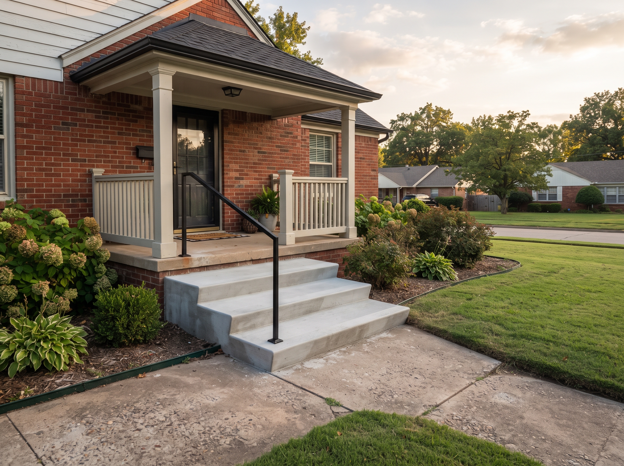 New poured concrete front steps with a steel handrail at a Tulsa brick home