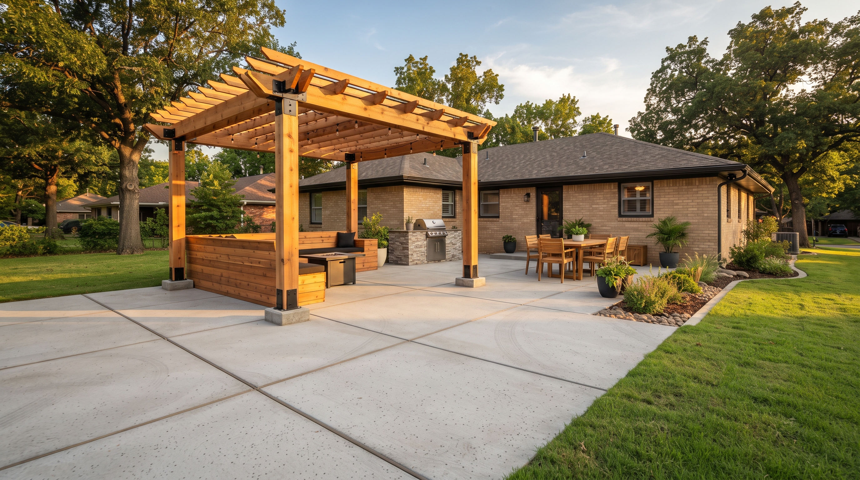 New concrete patio with cedar pergola and outdoor kitchen at a Tulsa home